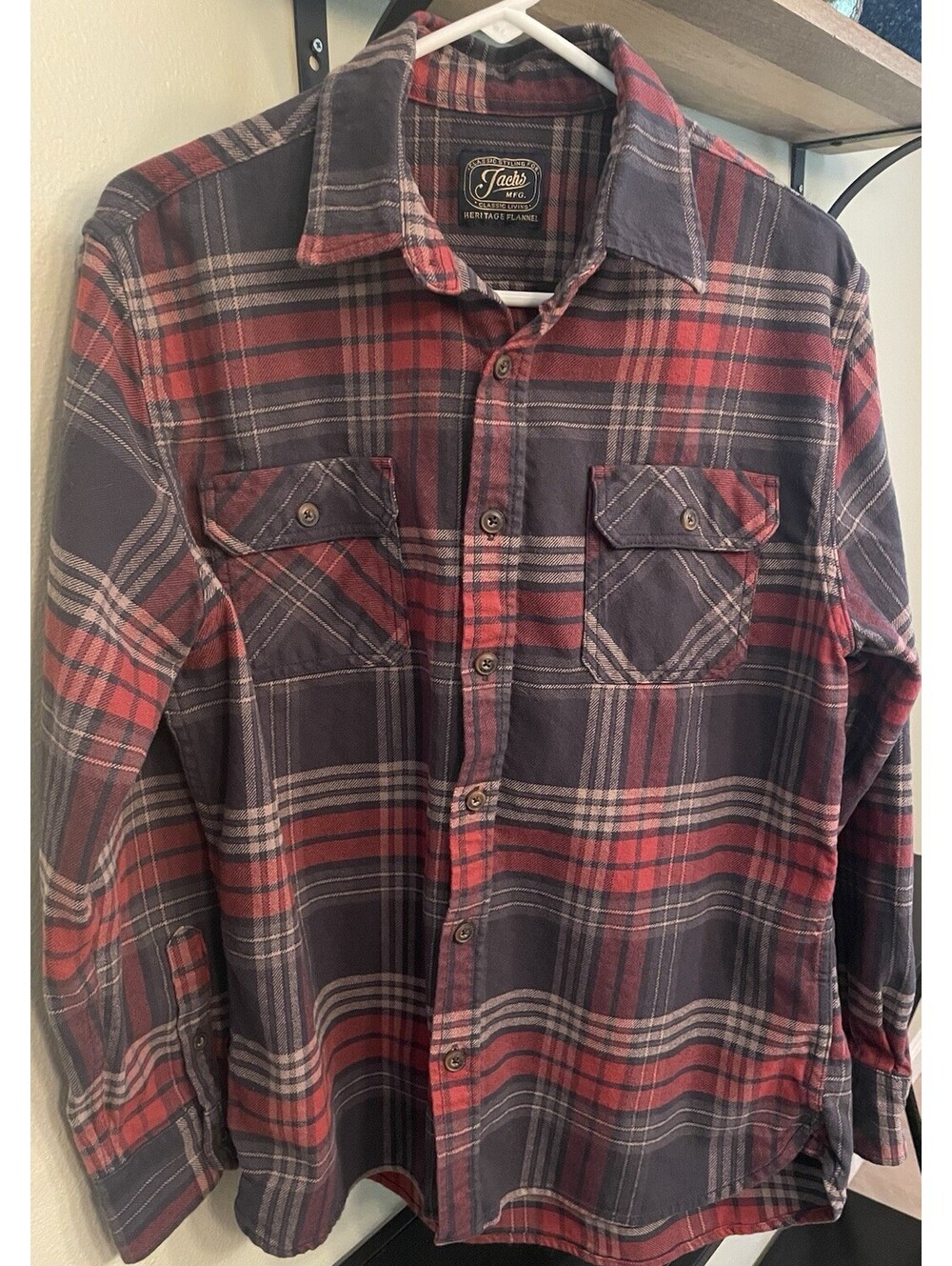 Jachs Heritage Flannel Heavyweight Red Plaid Button Up Long Sleeve Shirt Sz Lrg